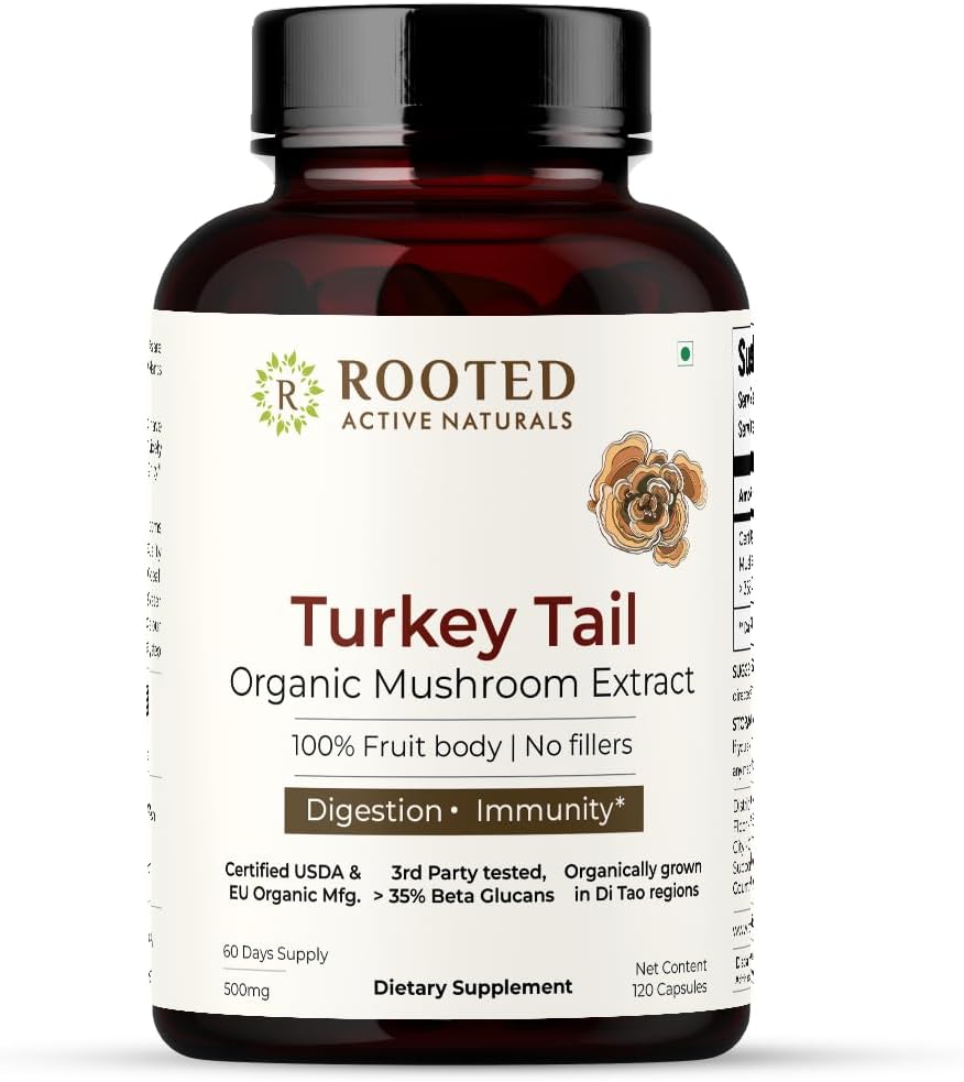 ROOTED Active's Turkey Tail Mushroom Extract Capsules | Heart Health, Stress Relief, Liver. USDA Organic, 35% Beta Glucans, Certified Organic (120 Capsules)