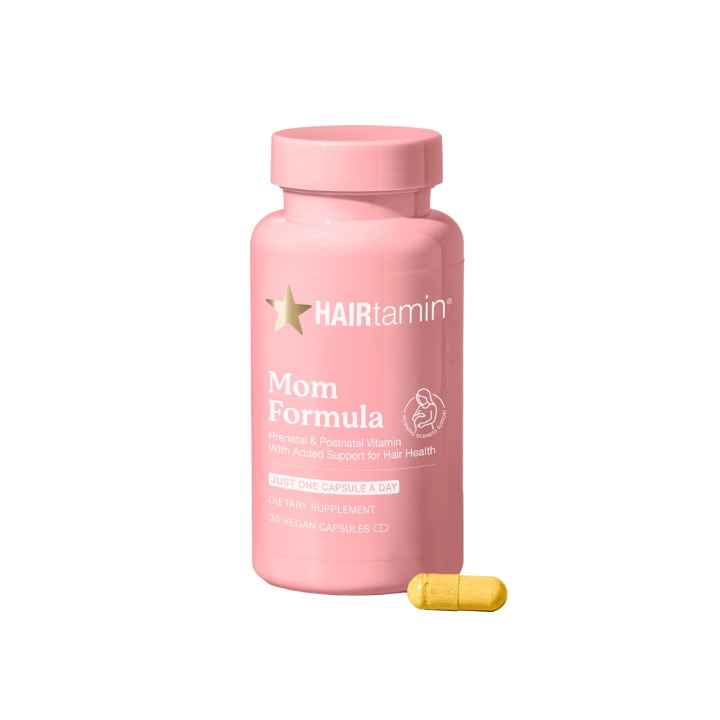 HAIRTAmin MOM Vegan Prenatale en Postnatale Multivitamine Supplement & Hair Vitamine Zwangerschap, Postpartum, Borstvoeding Probiotische één-dag haarvitaminen met Biotine, Zink, IJzer (30 Counts)