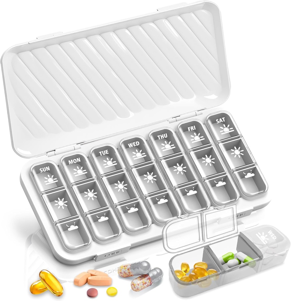 GloDeals Weekly Pillen Organizer - Grote 7 dagen Medicine Organizer, 3 keer per dag, Wit