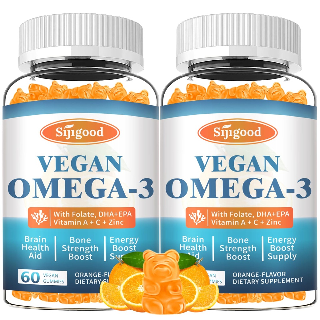 2 Pack Omega-3 Gummies Potent Algen Omega Bron, Boost Brain, Eye & Immune Functie, met DHA en EPA Vegan & Sugar Free, Orange Flavor, 120 Tel.