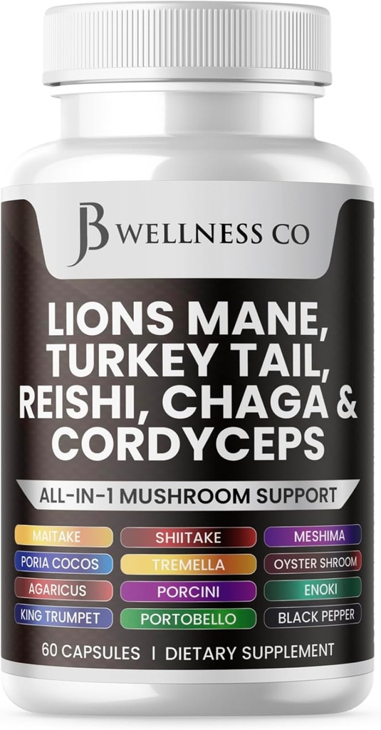 Leeuwen Mane supplement Cognitieve ondersteuning, Immune Health met Turkije staart 20in1 paddo Reishi Cordyceps Chaga met Marshmallow Root 60 Tellen