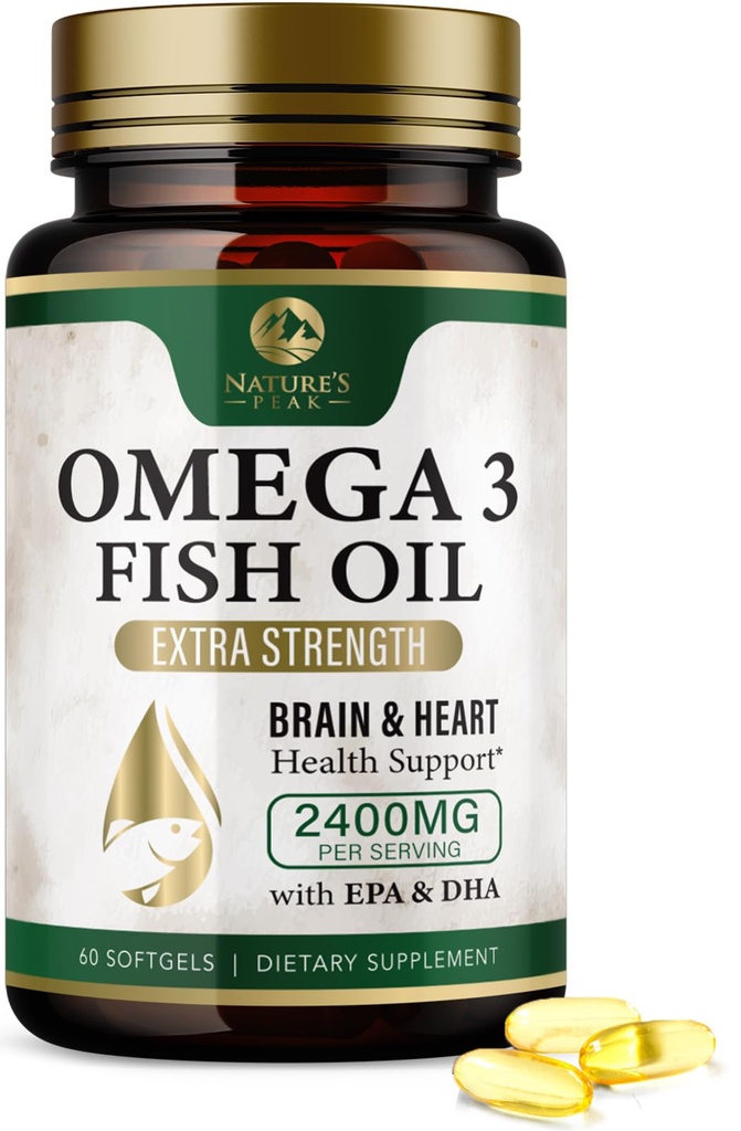 Pilules d'huile de poisson Omega 3 2400mg - Suppléments d'huile de poisson Omega 3 Triple Strength - Meilleurs acides gras EPA et DHA pour le soutien du cerveau et du cœur, supplément Omega3 de la nature, 30 jours d'approvisionnement - 60 Softgels