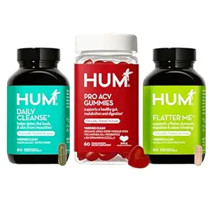 HUM Gut Health Bundle, Daily Cleanse, Flatter Me Decompensative Enzymes & Pro Apple Cider Vinegar Gummies with Probiotics for Digestief Health, Probiotics, Vitamine B12, ACV, 3-Stap Wellness Support Pack