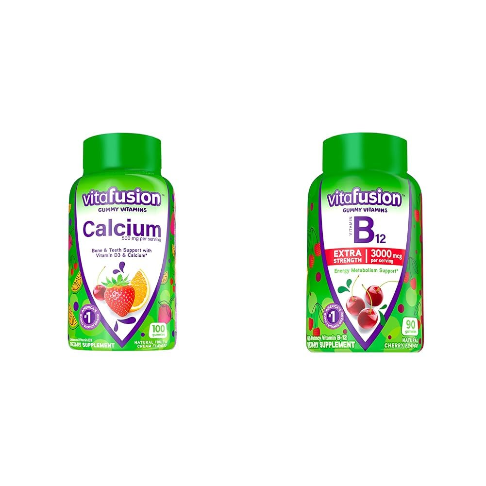 Vitafusie Kauwbare Calcium Gummy Vitaminen voor bot- en tandenondersteuning & Extra sterkte Vitamine B12 Gummy Vitaminen voor energie Metabolisme Ondersteuning en Nerveuze Systeem Gezondheid Ondersteuning