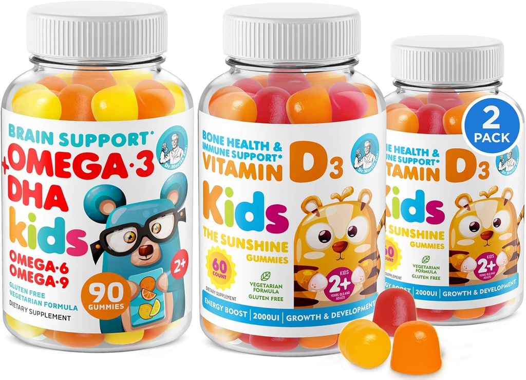 Omega 3 DHA Gummies en vitamine D Gummies voor kinderen en volwassenen - Geen visolie en glutenvrij Immune Health Plant Based Fiber Kauwbaar