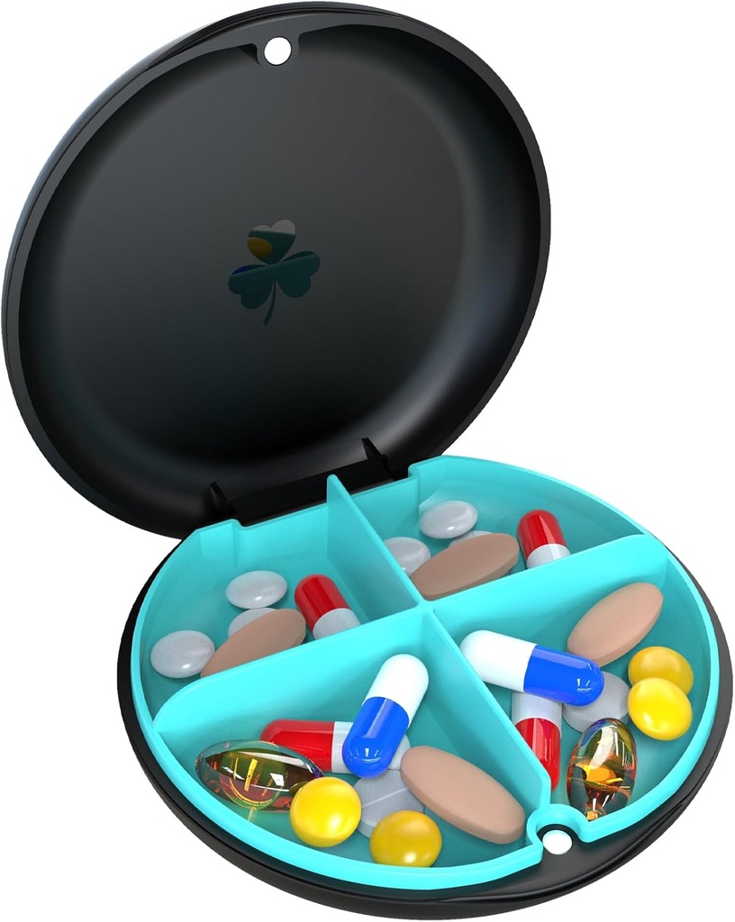 4 Compartiment Kleine pil Box, Vocht Proof pil geval, Travel pil Organizer voor Pocket Purse, Daily Portable Medicine Vitamine Box, Fish Oil Box, Supplement Box (Black+Cyaan)