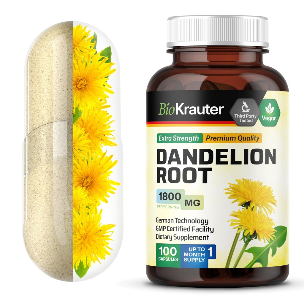 BIO KRAUTER Capsules de racine de dandelion - 1800 mg Résistance - 100 Compte - Supplément de racine de dandelion - Capsules végétaliennes pour le soutien du foie