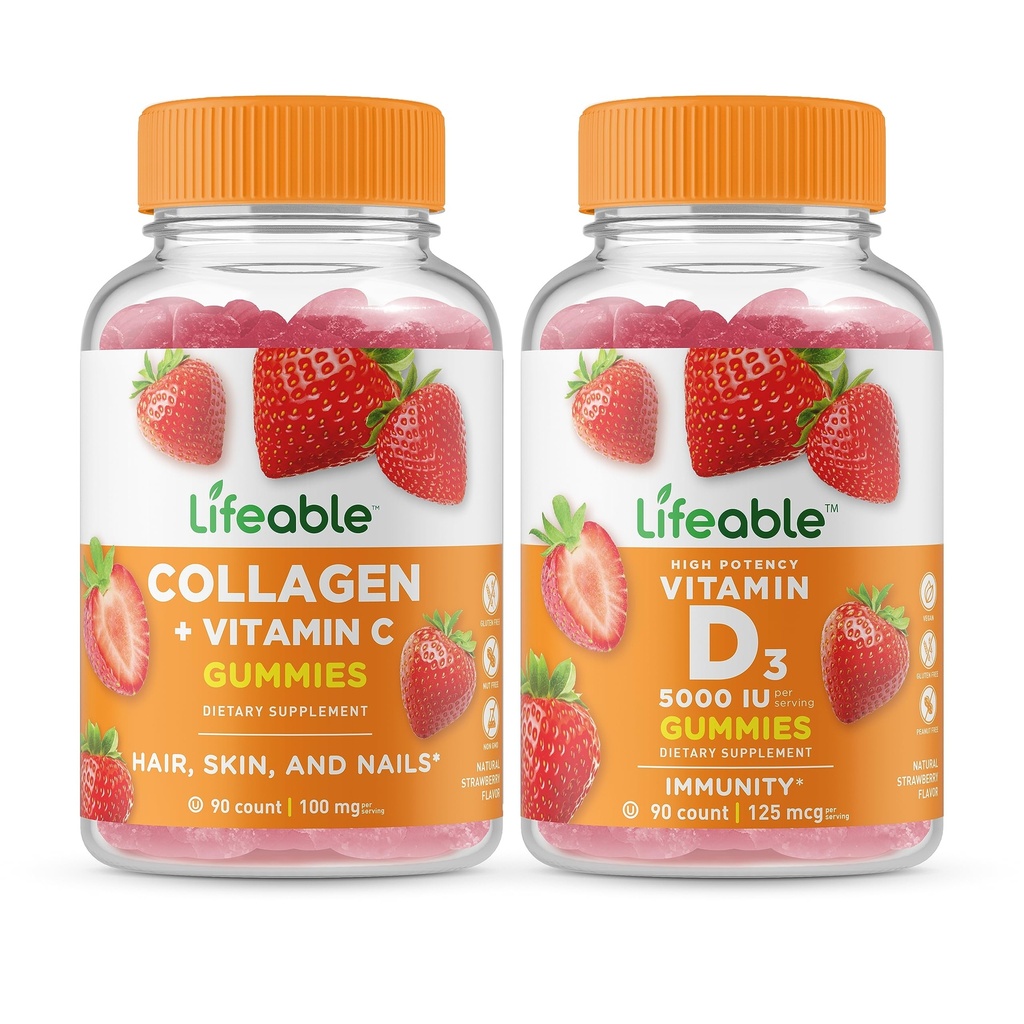 Levensbaar Collageen & Vitamine C + Vitamine D 5000 IE, Gummies Bundle - Geweldige Proeverij, Vitaminesupplement, Glutenvrij, GGO-vrij, Kauwgom