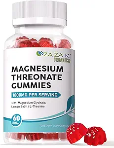 ZA'ZA K ORGANIQUES Gommies de thréonate de magnésium, 500mg Thréonate de magnésium avec Glycinate, L-Theanine, Baume de citron, Supplément de magnésium pour les enfants adultes, Santé du cerveau, 60 Nombre