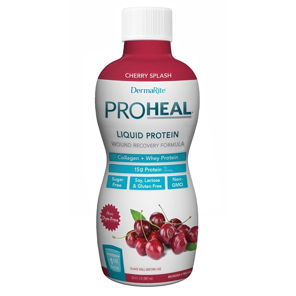 DermaRite's ProHeal Protein Supplement - Liquid Protein Wound Recovery Formula, 15g Collageen & Whey Protein - Cherry Splash Flavor, 30 oz., 1 Tellen