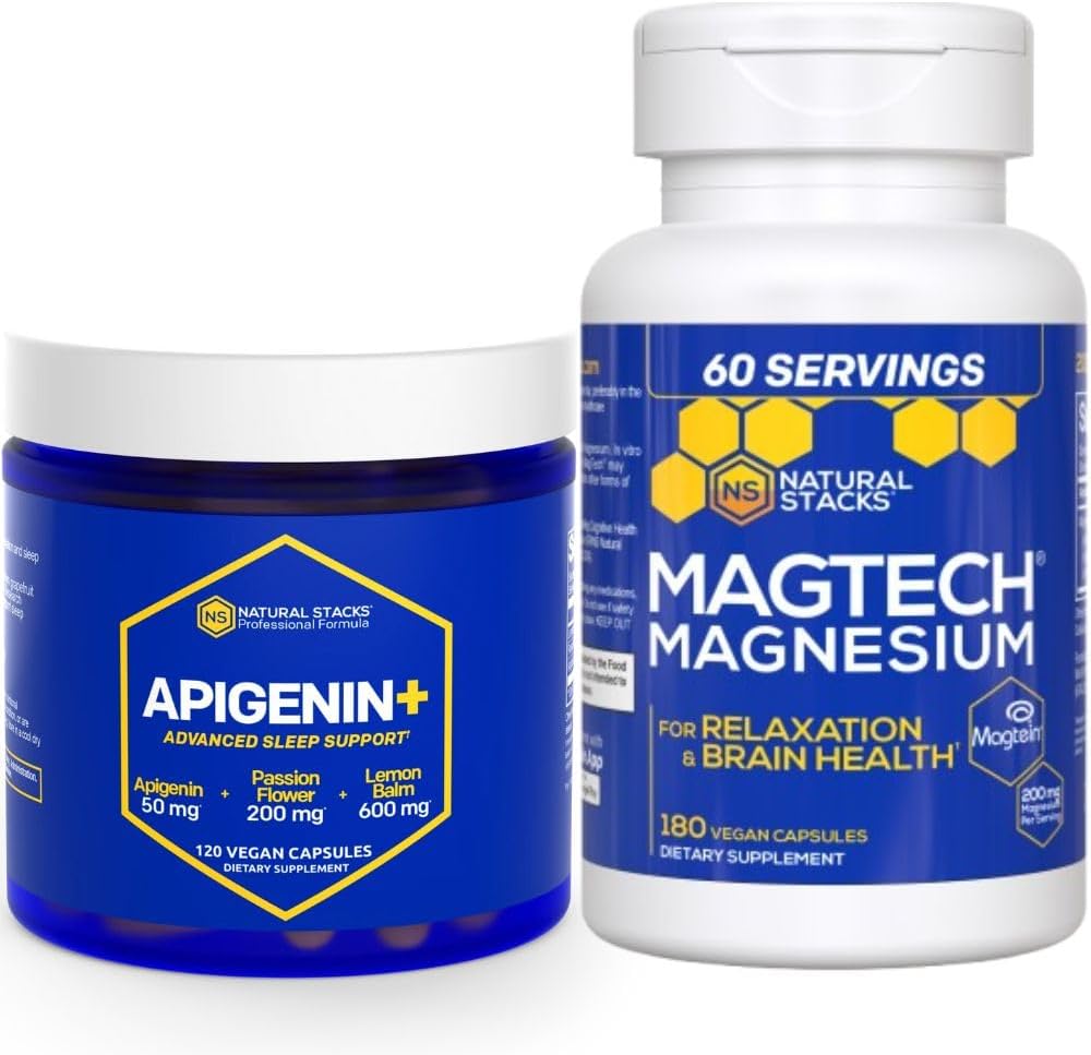 NATUURLIJKE STAKKEN Apigenin for Sleep + Magtech Magnesium Supplement Bundle - Ondersteuning Slaap & Hersengezondheid* - 300 Totaal Capsules