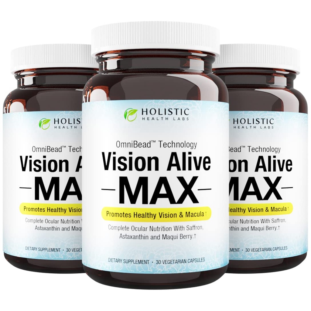 Holistic Health Labs Vision Alive Max met 8 Natural Ingredients Lutemax® 2020, bosbessen, bosbessen, c3g van Black Currant, Maqui Berry, Saffron en Astaxanthine (30 tellingen (pakket van 3))
