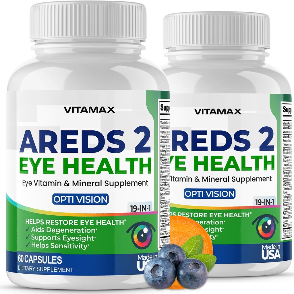 AREDS 2 Vitamines oculaires - Lutéine, Zeaxanthine, Bilberry, Astaxanthine Mineral Vision Supplement - Supporte la souche oculaire, les yeux secs, la pression et la santé de la vision - Fabriqué aux États-Unis - 120ct