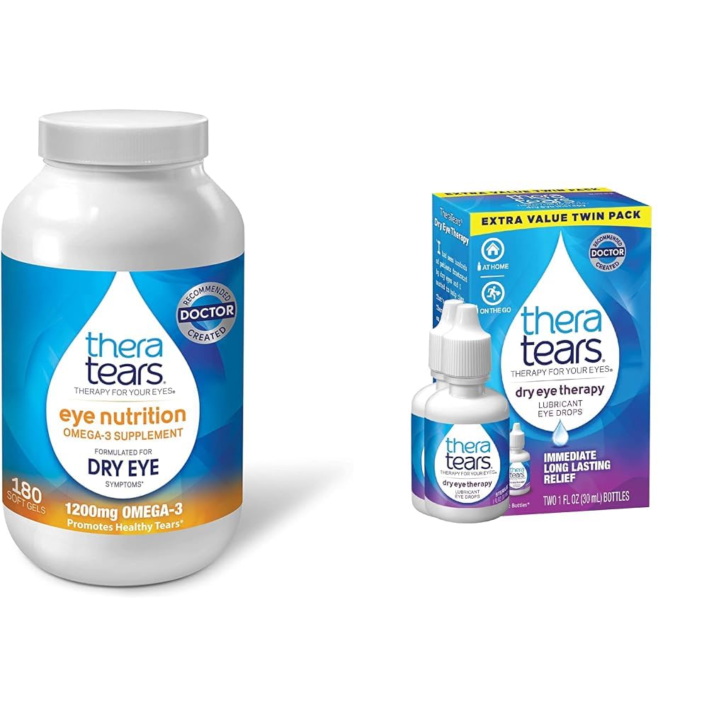 TheraTears 1200mg Omega 3 Supplement for Eye Nutrition, Organic Flaxseed triglyceride Fish Oil and Vitamin E, 180 Tel en droog Eye Therapy Smeer Eye Drops for Dry Eyes, 1 fl oz Bottle Twin Pack