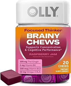 OLLY Focused Thinker Brainy Chews, Omega-3 ALA, Vitaminen B6 & B12, Plus Thaise Gember Extract voor alertheid, Concentratie & Cognitive Performance Support, Vegetarisch, Raspberry, 20 Tellen