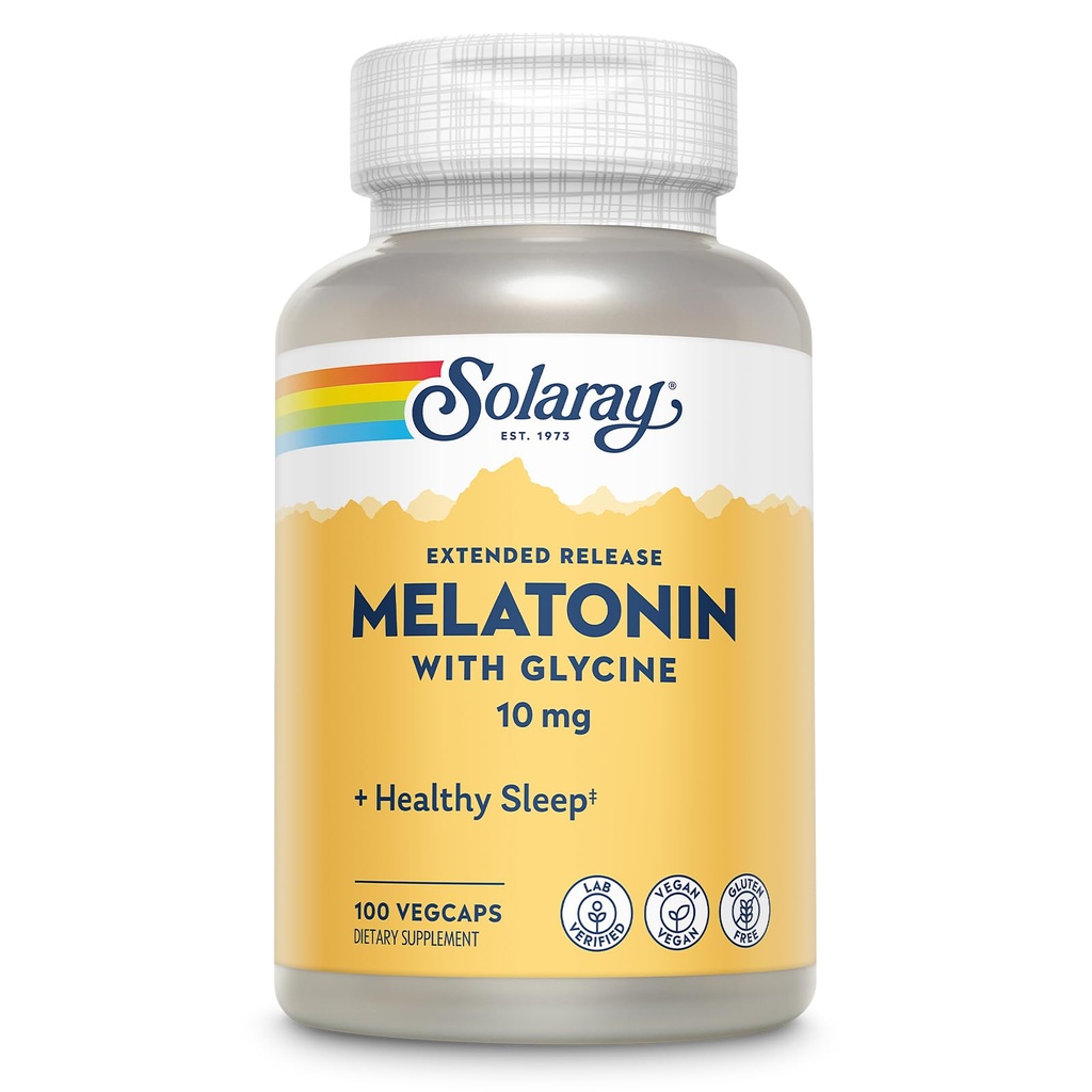 SOLARAY Melatonine 10mg met Glycine - Uitgebreide Release, Gezonde Slaaphulp en Kalmerende Ontspanning Ondersteuning - Lab geverifieerd, Veganistisch, Glutenvrij, 60-dagen garantie - 100 porties, 100 VegCaps