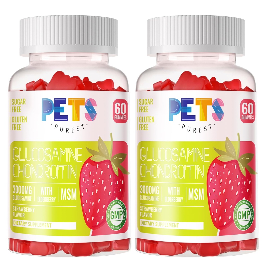 Animaux de compagnie Purest Glucosamine Chondroitin Gummies avec MSM & Elderberry Extra Strength - Joint Support, Antioxydant Immune Support Supplément pour Adultes, Hommes et Femmes.(2 Pack) Fraise