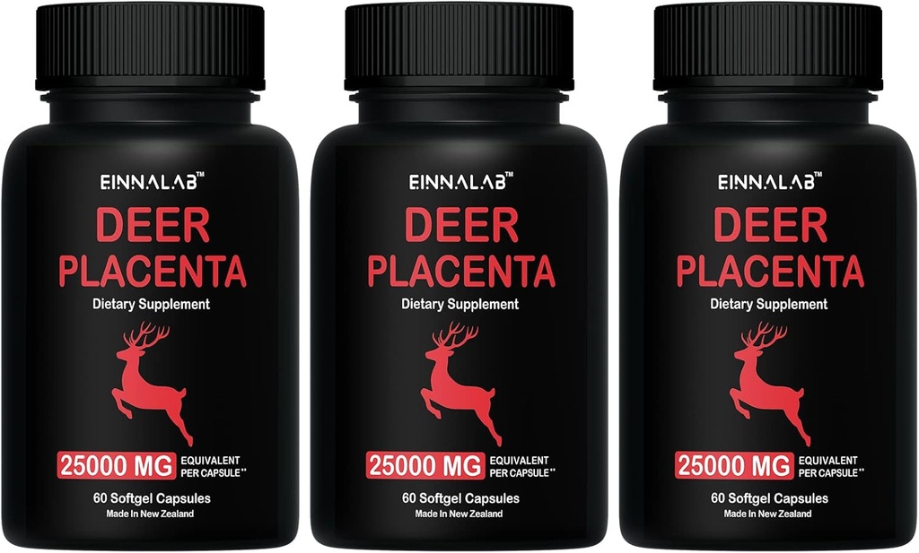 25.000 mg Hoogste Herten Placenta Supplement 60 Capsules - Gemaakt in Nieuw-Zeeland (Set van 3 Flessen, 180 Capsules)
