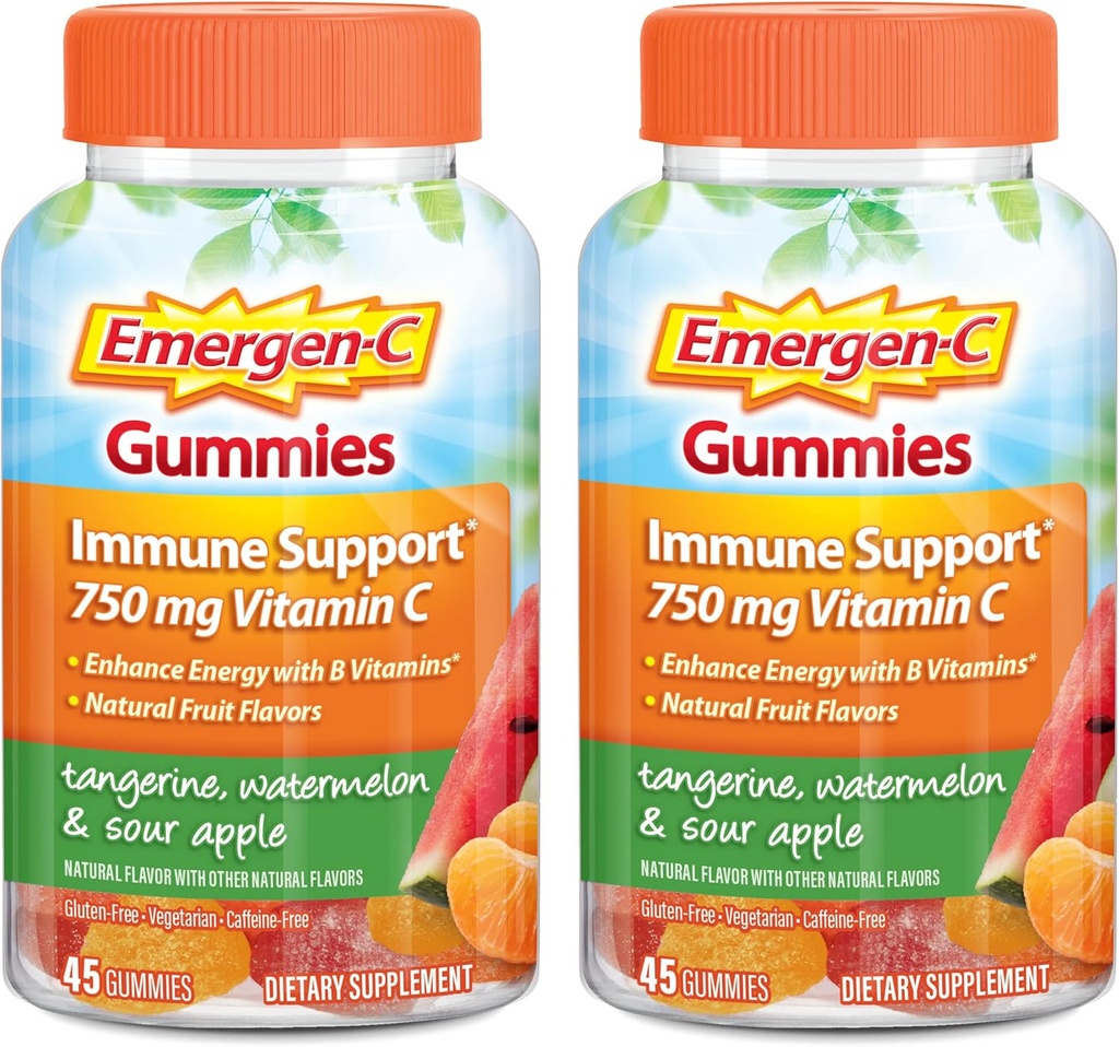 Emergen-C Gommies de vitamine C, supplément alimentaire pour le soutien immunitaire, Tangerine, pastèque et aromatisé pomme - 45 Compte x 2 (paquet de 2)
