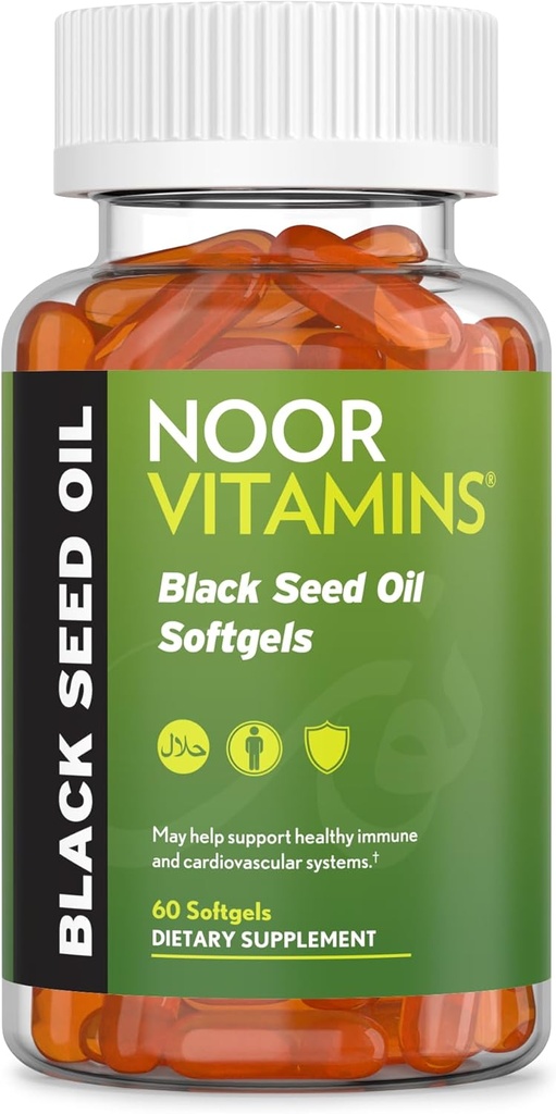 Noor Vitaminen Halal Black Seed Oil Capsules, Halal Vitaminen, 1000 mg Black Seed Oil from Nigella Sativa, Thymochinon, Non-GMO, Glutenvrij, 60 Tel.
