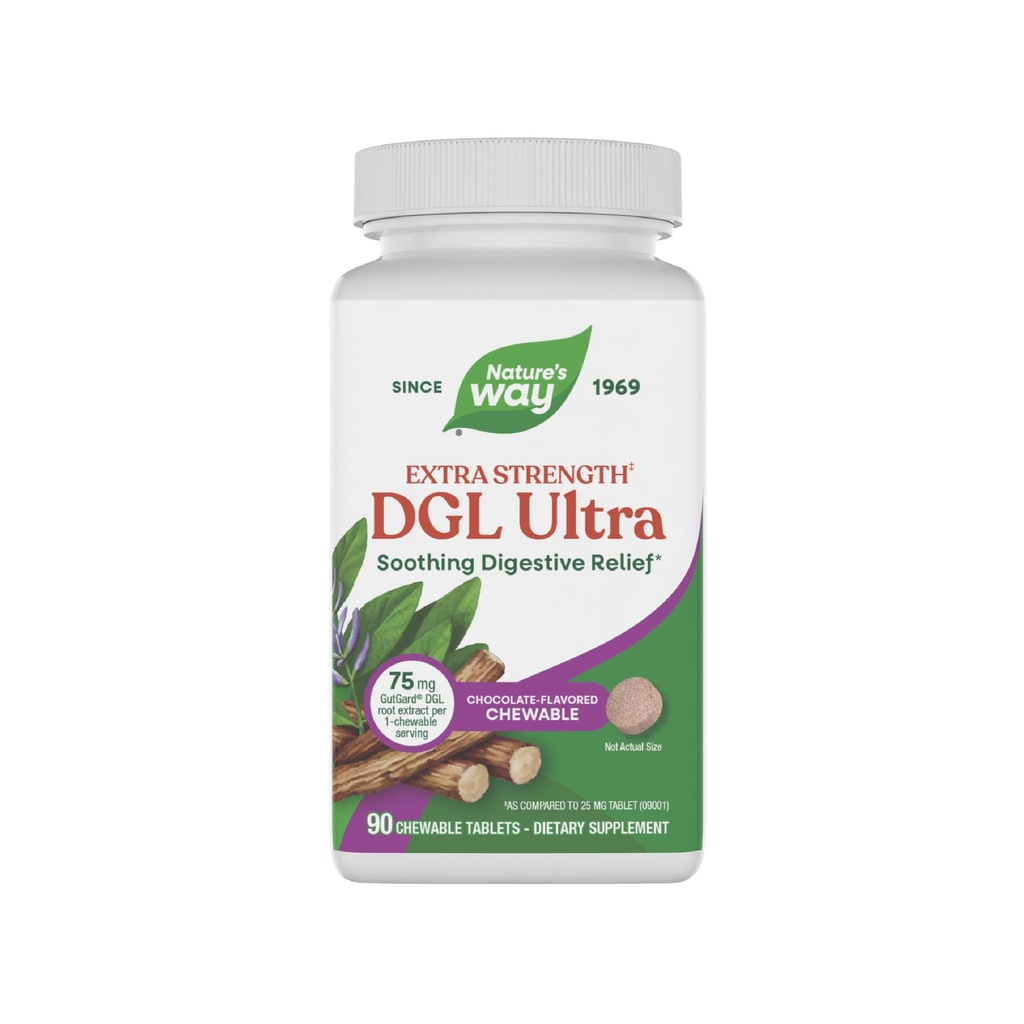 Nature's Way DGL Ultra Extra Strength**, Extrait de racine de réglisse premium, Relief digestif apaisant*, avec Gutgard, Vegan & Gluten Free, Saveur de chocolat, 90 comprimés à croquer (paquetage mai Vary)