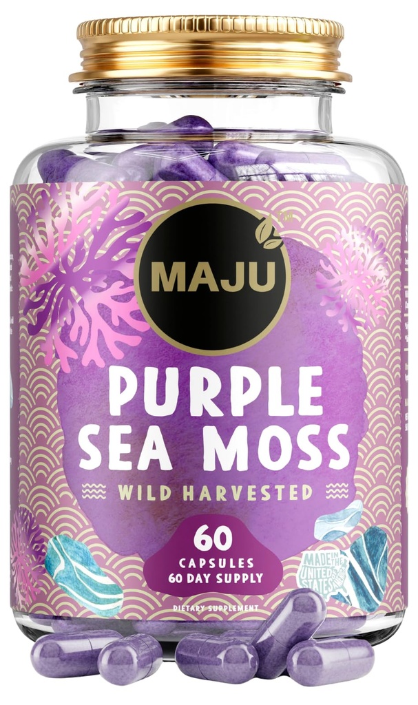 MAJU's Krachtige Purple Sea Moss Capsules (60 ct), Extra Sterke Purple Minerals, Chondrus Crispus, Sterker dan Gel, Vergelijk met Biologische Irish Seamoss Capsule, Wild Harved Powder Pillen