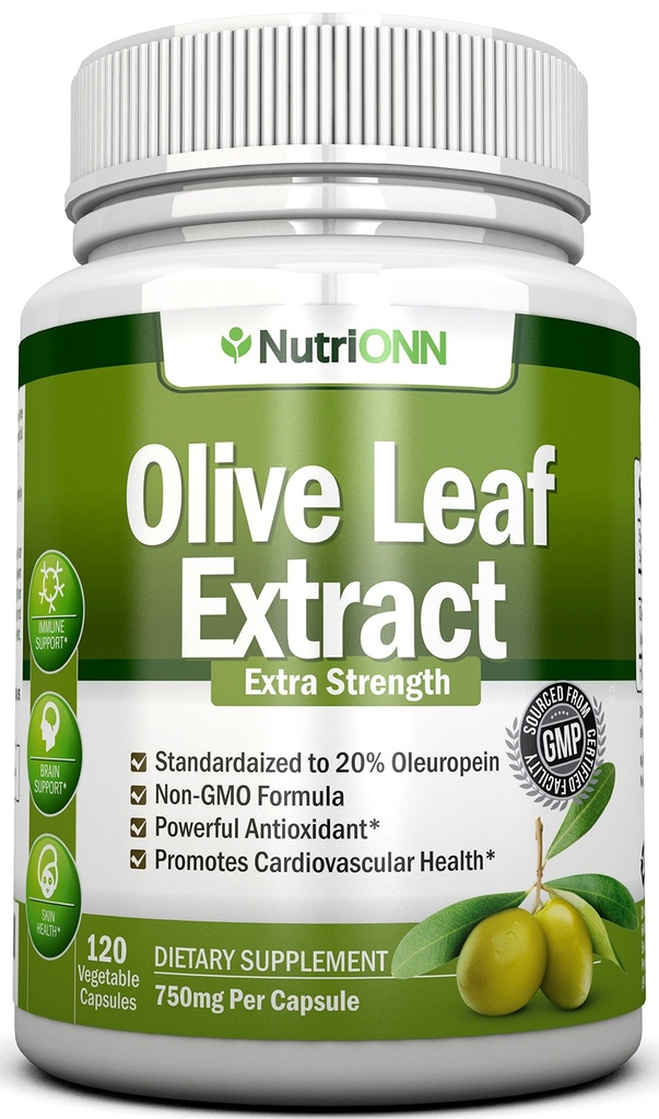 Olive Leaf Extract - 750 Mg - 120 Capsules - Extra sterkte - 20% Oleuropein - Non-GMO Formule - Premium kwaliteit uit pure olijfbladeren - Krachtige antioxidant - Geweldig voor hart, huid en hersenen