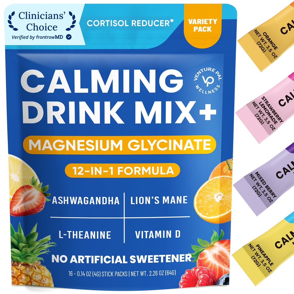 Venture Pal Calming Powdered Drink Mix, Magnesium Glycinate, Ashwagandha, L-Theanine, Vitamine D, Lions Mane, Suikervrij Magnesium Supplement Blend for Relax & Focus, Non GMO, Veganist, On The Go