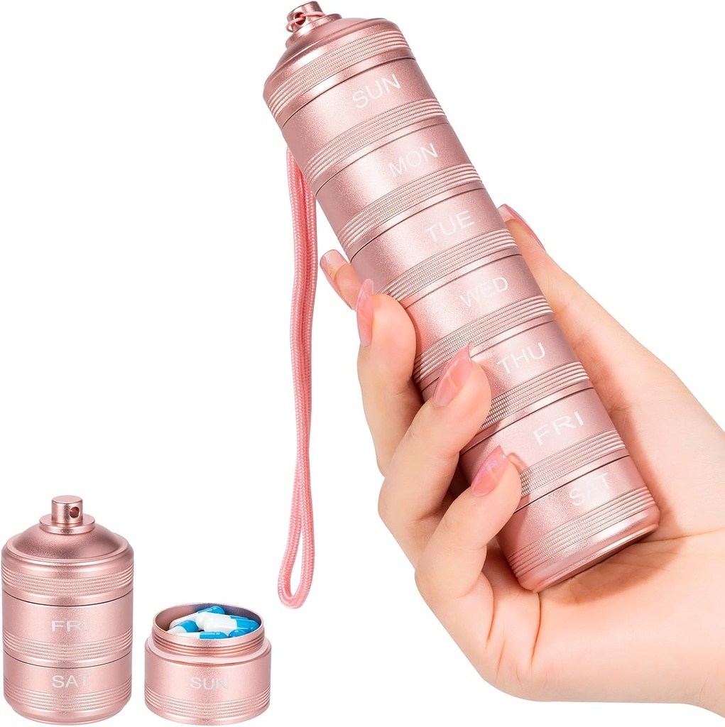 7 dagen Metal Pill Organizer - Waterdichte Travel Vitamin Case Pill Box, Daily Pill Container 7 afdelingen, Weekly Pill Containers voor Medicine Supplementen Visolie, Roze