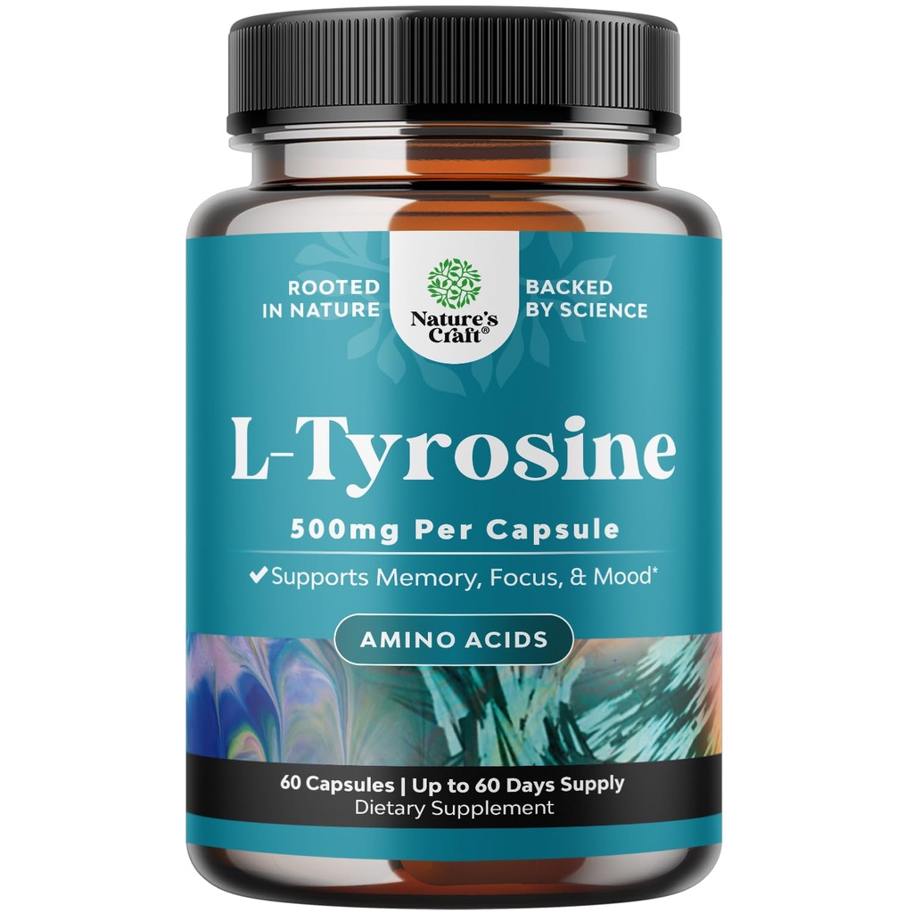 Vrije vorm L Tyrosine 500 mg capsules - L-tyrosinesupplement met hoge sterkte voor geestelijke energie en focusondersteuning - Aminozuur-nootrope supplement voor Mood Focus Attentie en cognitie (60 telling)