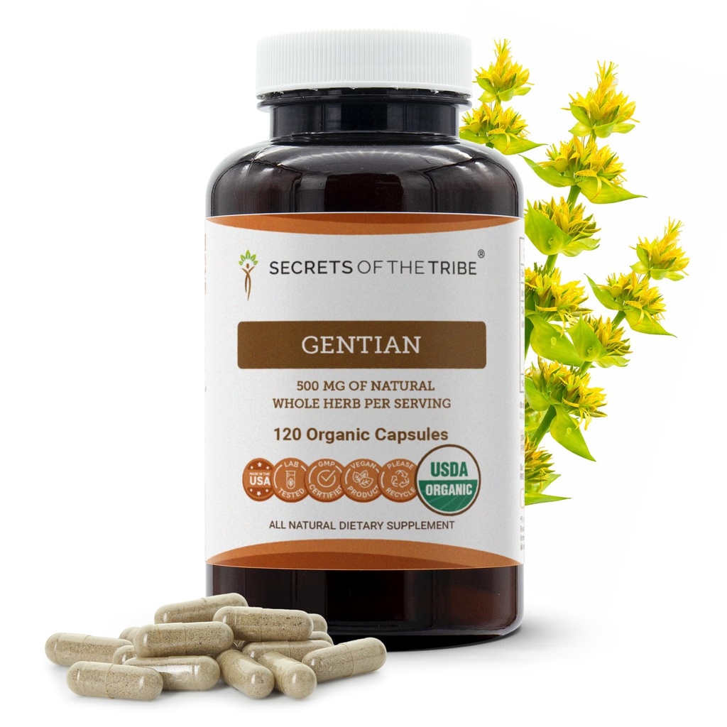 Geheimen van de Tribe Gentian USDA Biologische 120 Capsules, 1000 mg, Responsibly gekweekte Biologische Gentiaan (Gentiana Lutea) Gedroogde Wortel (120 Capsules)