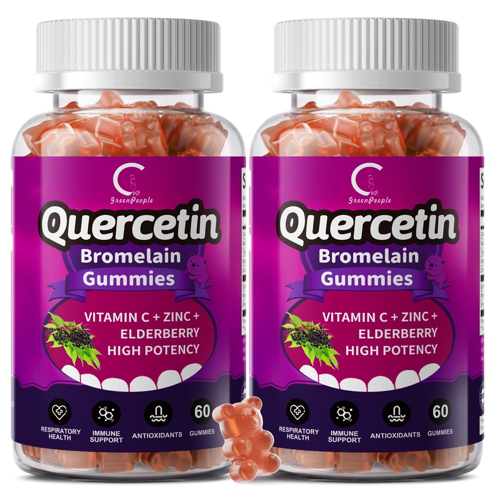 Gummies Quercetin - Quercetin avec Bromelain, Vitamine C, Zinc et Elderberry, Système Immune Extra Strength Booster, Supplément de soutien pulmonaire pour adultes enfants - 60 Gummies Quercetin (2 Pack)