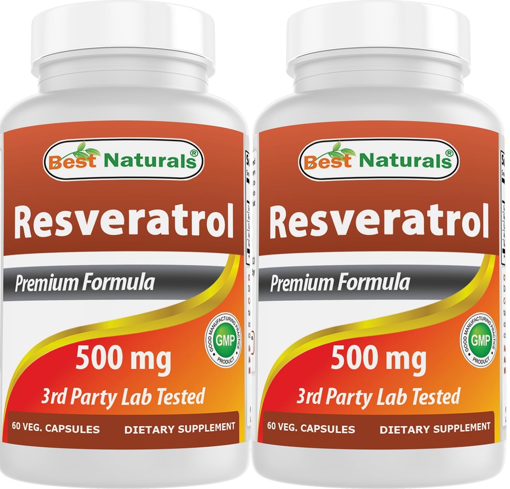 Best Naturals 2 Packs Resveratrol Complex 500 mg 60 Veg Capsules Made with Grape Skin, Red Wine, Quercetine - Glutenvrij & niet GGO - (Total 120 Capsules)