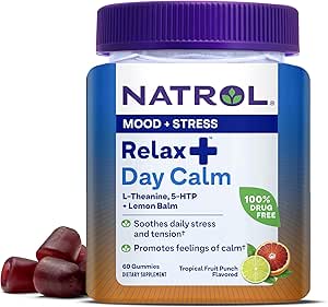 Natrol Mood+ Stress Relax+ Dag Kalm Gummies voor Occasional Stress, Tropische Fruit Punch, 60 Telling, 60 Dagen Levering