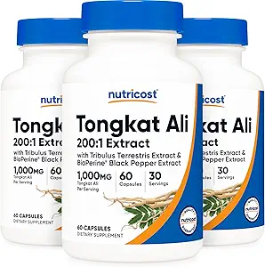 Nutricost Tongkat Ali 1 000 mg, 60 capsules (3 bouteilles) - 30 portions, capsules de légumes, non-OGM, sans gluten, extrait de poète