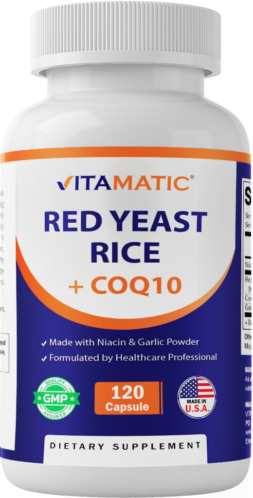Riz de levure rouge sans citrine vitamatique 1200 mg. Capsules avec CoQ10 100mg, Niacine sans flush 100mg et poudre d'ail 20mg - 120 Capsules de légumes