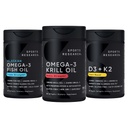 Recherche sportive Huile de krill de l'Antarctique Omega 3 1000mg (Double force) avec Phospholipides, Choline et Astaxanthine, Triple force Omega 3 Huile de poisson Une seule source Wild Alaska Pollock 1250mg, Vitamine D3 K2