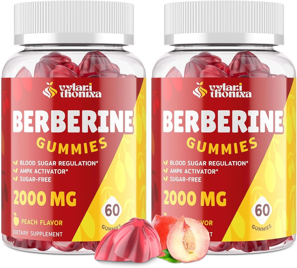 2000mg Berberine Supplement Gummies - High Potency Berberine met Ceylon Cinnamon Candy, Kurkuma, Magnesium, Chroom - Suikervrij, Veganistisch, Non-GMO, Glutenvrij - Perzik smaak 60 Gummies - 2 Pack