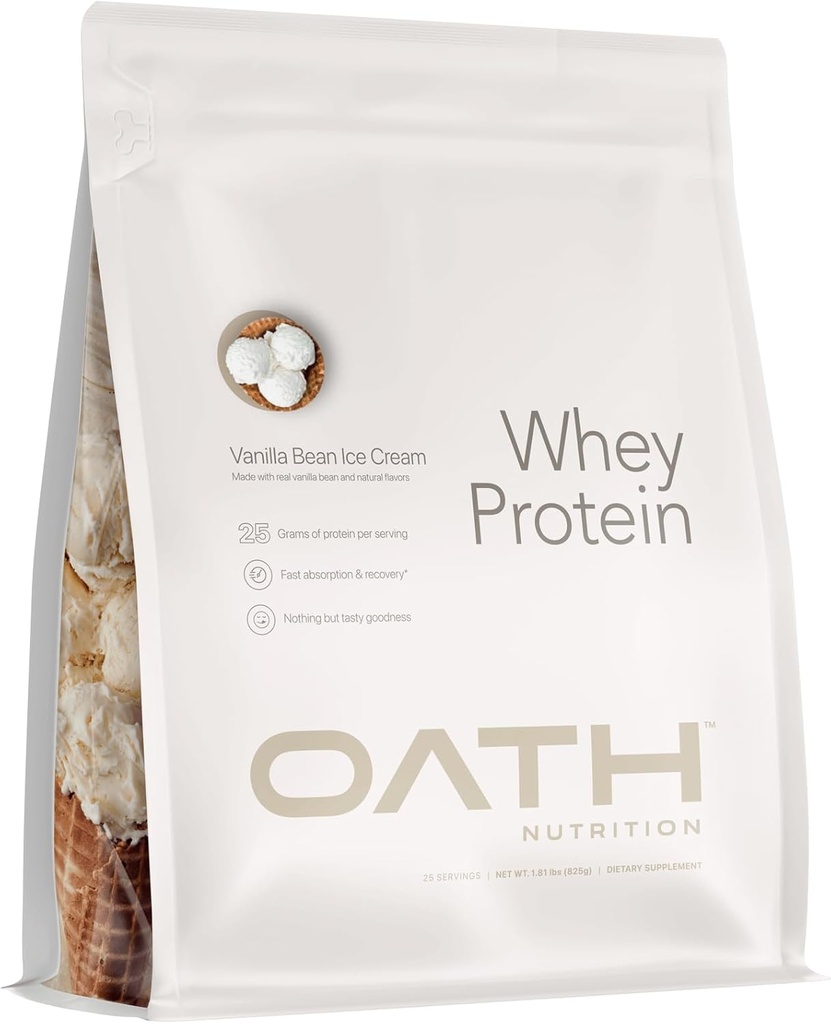OATH NUTRITION Whey Protein Powder, Vanilla Bean Ice Cream, 25 Gram eiwit en slechts 1 Gram suiker per portie, 2 lbs, 25 Servers