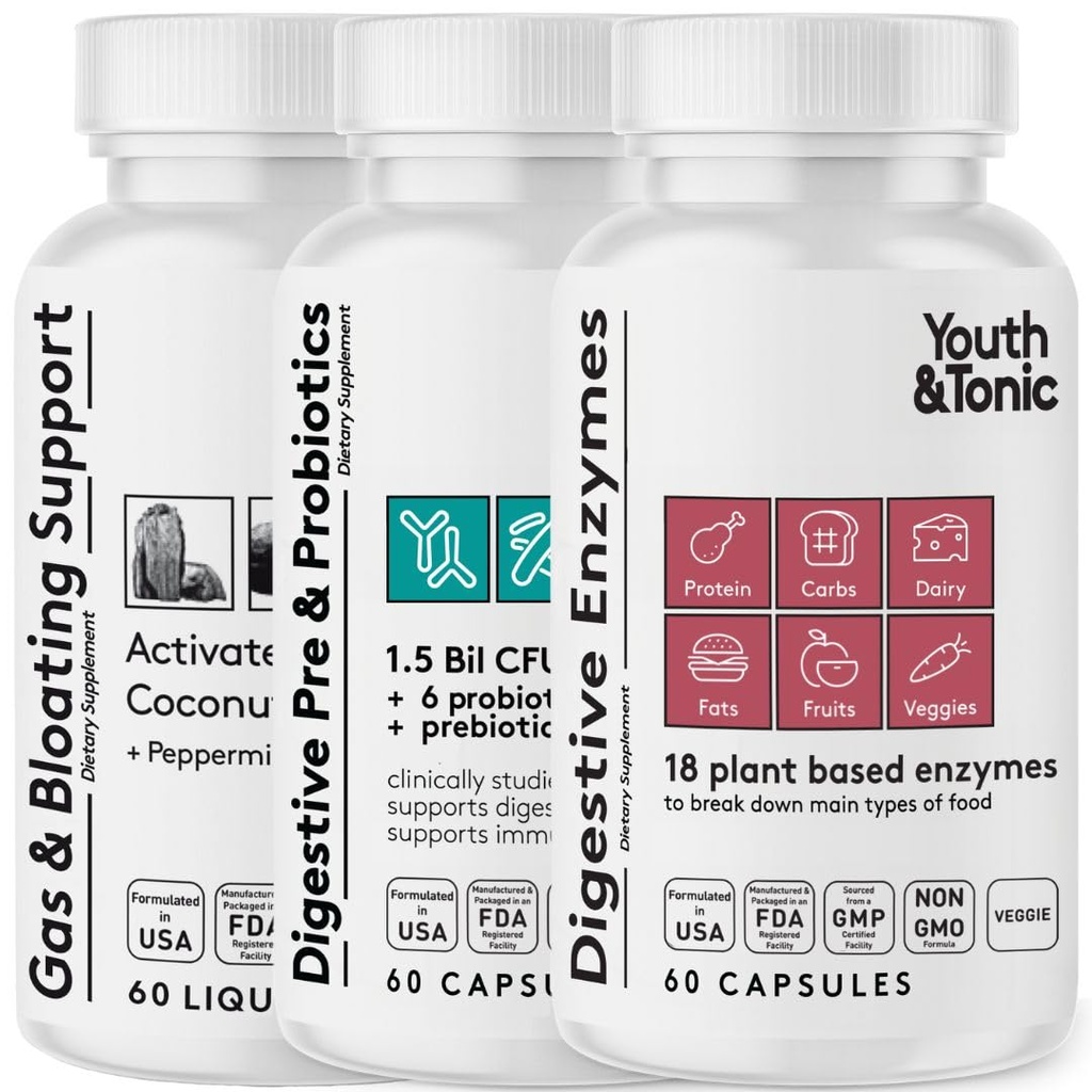 Jeugd & Tonic Digestie Maagondersteuning & Detox voor Regularity, Gas & Bloating & Gut Health. Alle soorten verteringsenzymen Probiotica & Prebiotica Charcoal Pepermunt & Organic Coconut Oil 180 Pillen