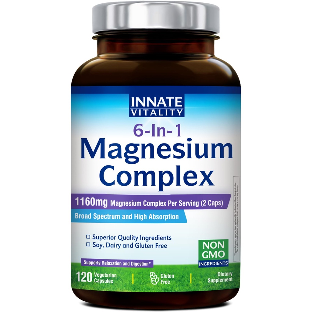 Aangeboren vitaliteit Magnesium Complex 6-in-1, 1160mg Per portie, Rest & spijsvertering, Magnesium Glycinate & Citrate, Hoge Absorptie, 120 Vegan Capsules