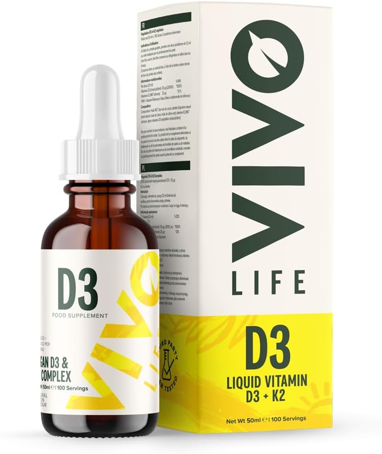 Vivo Life - Vitamine D3 K2, 50ml Liquid Complex Drops, 2000iu van D3, Vegan Health Supplement voor mannen en vrouwen, 100 porties