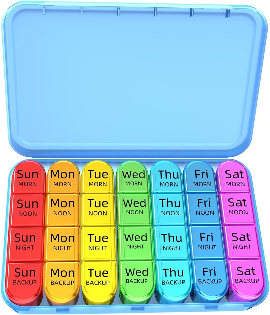 Odaro Weekly Pillen Organizer 4 keer per dag, Dagelijkse Pillen Box 7 Dag, Grote Reizen Pillen Case met 28 Compartiment om Medicine, Vitamine en Supplement - Blue Case