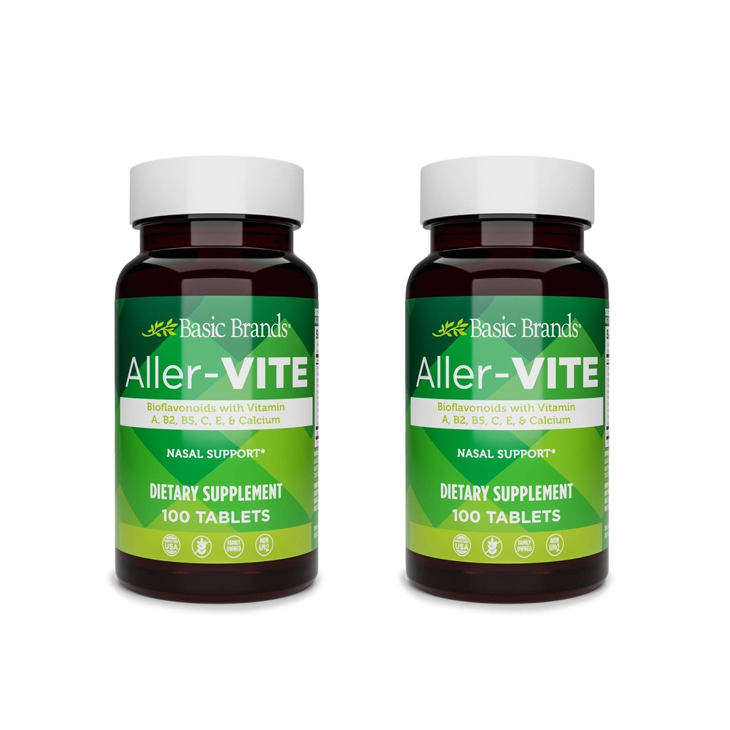 Basismerken Aller-Vite - Natuurlijke Allergie Relief Tablets - Homeopathische Sinus & Nasal Ondersteuning met Bioflavonoïden, Vitaminen A, B2, B5, C, E & Calcium - 100 Vegan Tablets - 2-pack
