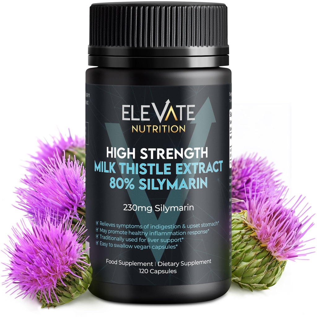 ELEVATE DUTRITIE Melkdistel - 288 mg, 80% Silymarin Extract - 120 Vegan Capsules - Dieetgezondheidssupplement - helpt bij het handhaven van leverfunctie en spijsvertering Comfort