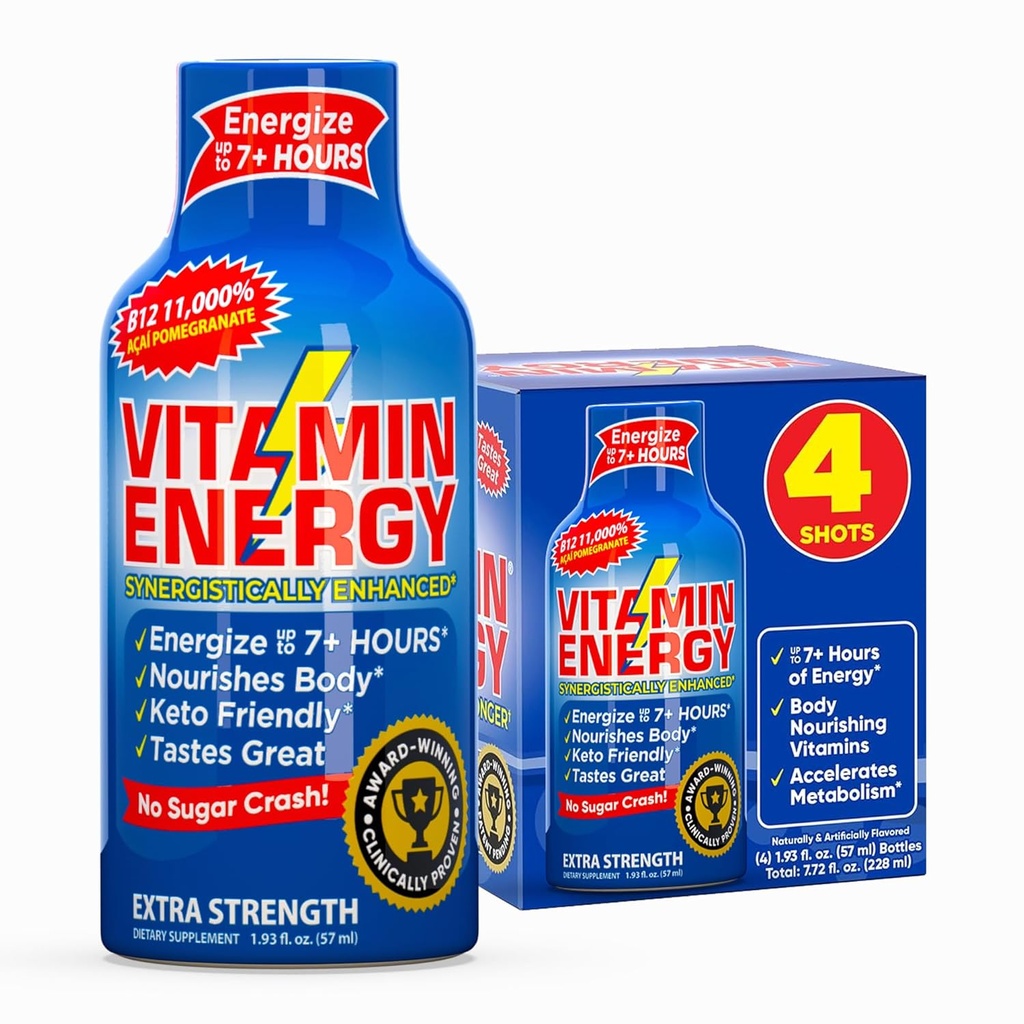 Vitamine Energie B12 11.000% Extra sterkte Energie Shot Açaí Granaatappel 4 Pack, 260mg Natural Cafeïne, B12 & B6, Nootrope Focus, Vitality, Zero Sugar, Gluten-Free, Vegan, Kosher, 1,93 fl oz