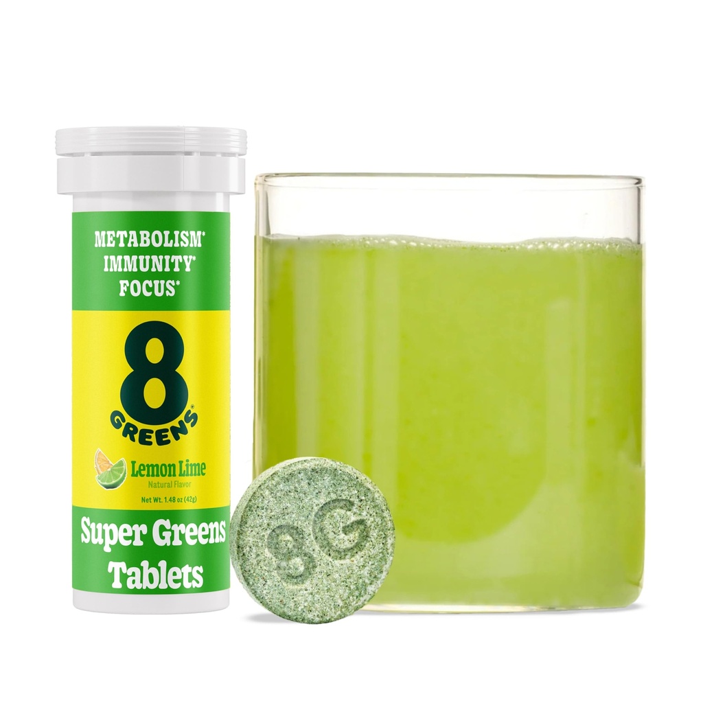 8Greens Supergreens Comprimés SuperGreens Poudre SuperGreens Comprimé, Métabolisme Immunité et Focus, Verts quotidiens Comprimés effervescents, Organique: Aloe Vera, Spiruline, Chlorella, Lime citron, 10 portions