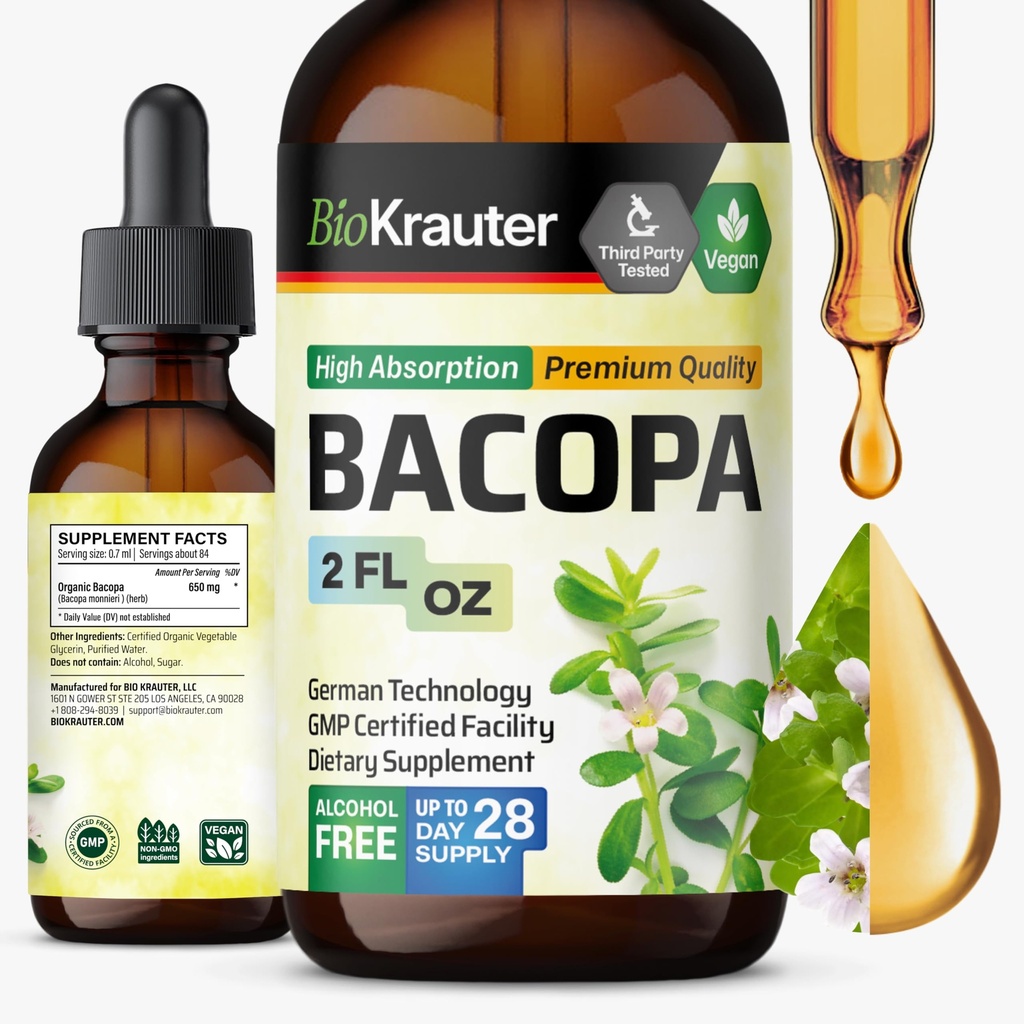 BIO KRAUTER Bacopa Monnieri gouttes - Suppléments Brahmi Soutien Cerveau - Suppléments Bacopa liquides - Sans alcool et sans sucre - Vegan 2 Fl.Oz.