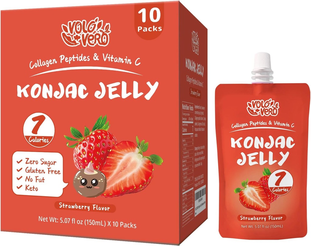 Konjac Jelly Pouch Drinkbare aardbeiensmaak, 7 Calorieën, Glutenvrij, Zero Sugar, Keto, Collageen Peptiden en Vitamine C, Low Fat Healthy Fruit Snacks, Holiday Gifts, 10 Packs