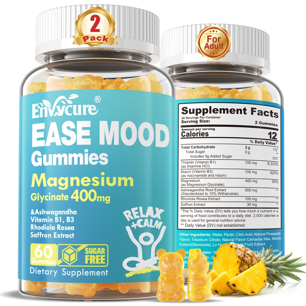 Suikervrij Magnesium Glycineer Gummies 400mg met Ashwagandha, B1, B3, Rhodiola Rosea & Saffron voor ondersteuning rust, Mood & Calm Magnesium Gummies voor volwassenen, Kauwbare Magnesium Supplement, Vegan, 120Ct